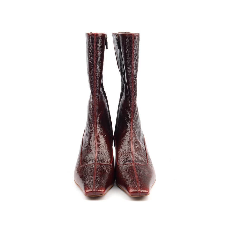 Deep red patent leather pull-on boots women kitten heel