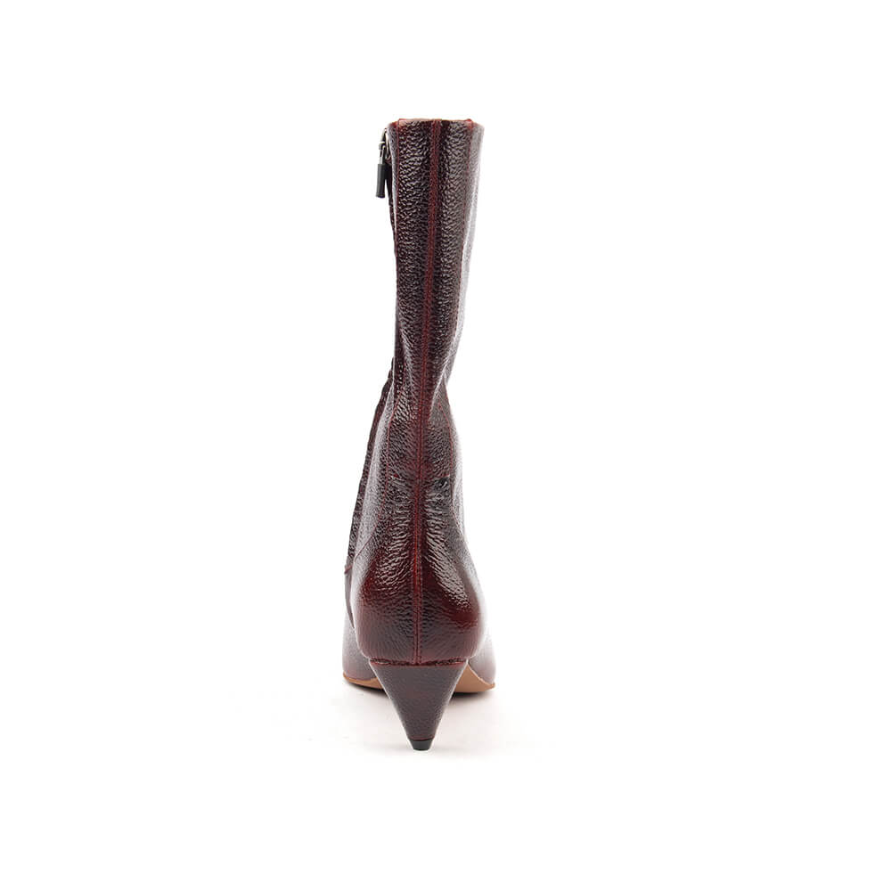 Women's crinkled patent leather mid boot oxblood color
