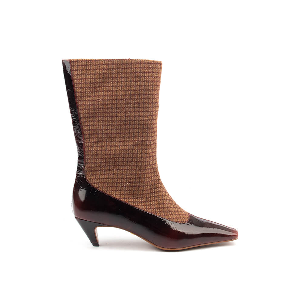 Women's tweed and patent leather kitten heel mid-calf boots pair