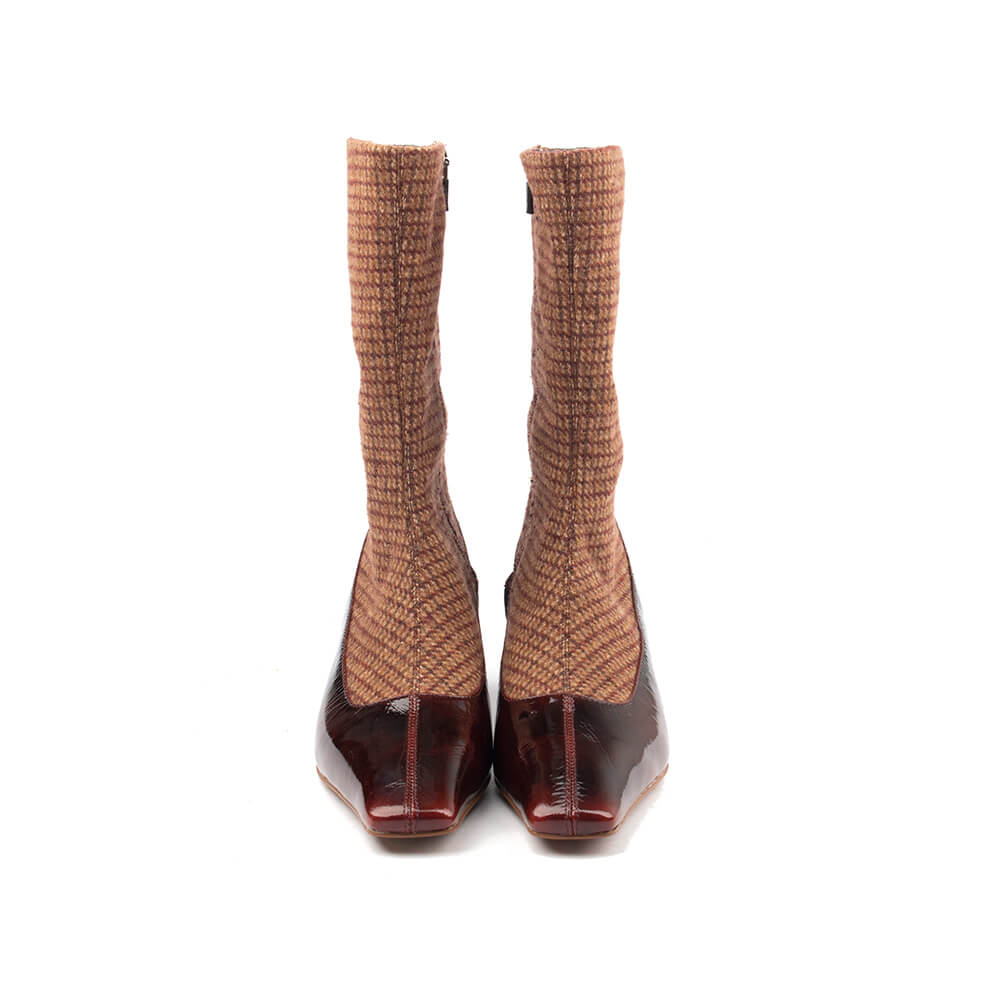 Woven tweed kitten heel boot women square toe side view