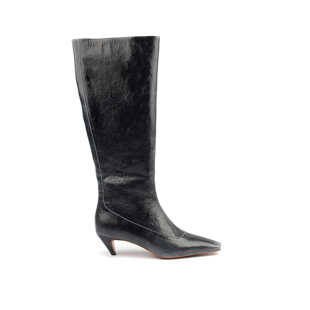 Women's black patent leather kitten heel knee-high boots side view