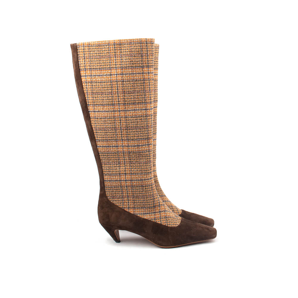 Camel check tweed and suede tall boots women square toe