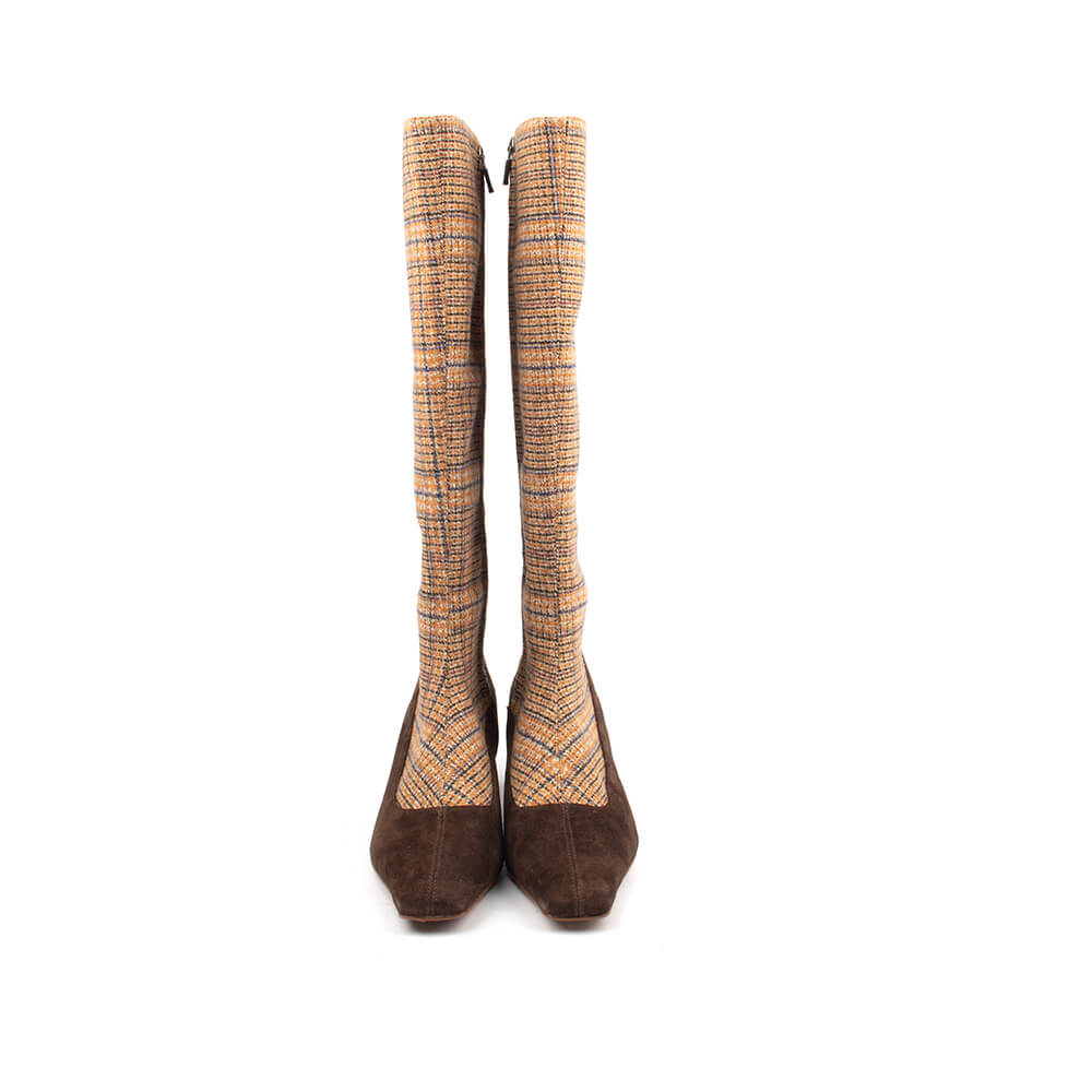 Mixed-media knee-high boot women plaid tweed chocolate suede