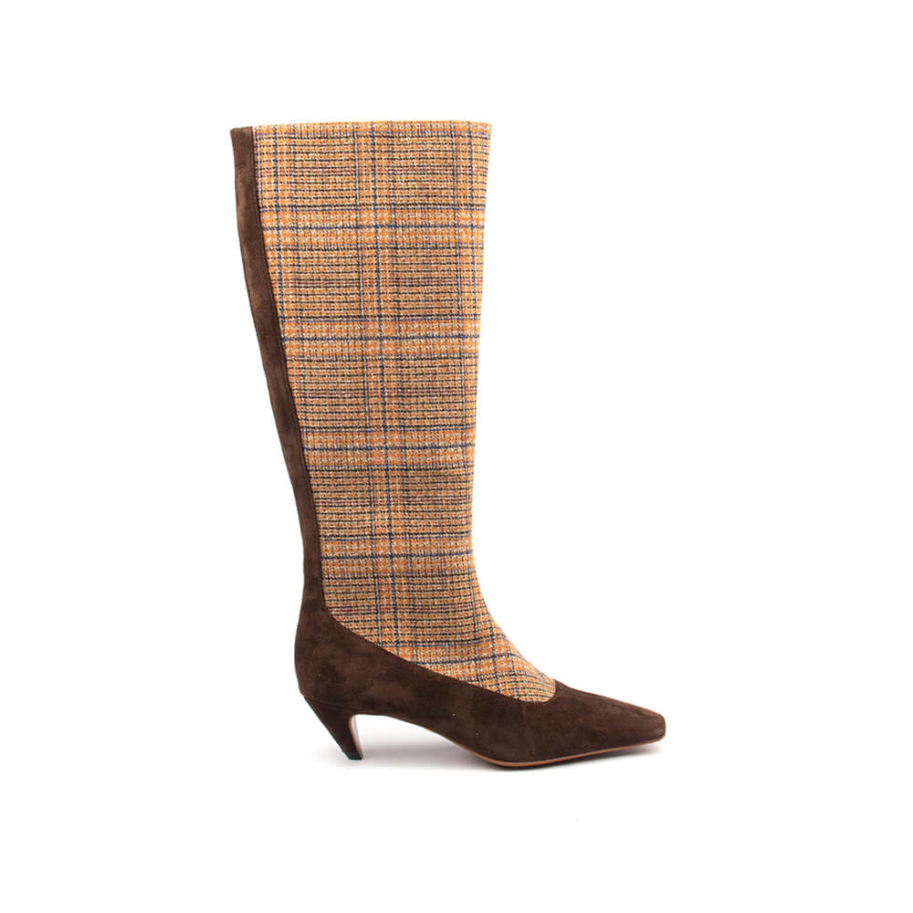 Women's plaid tweed kitten heel knee-high boots side view