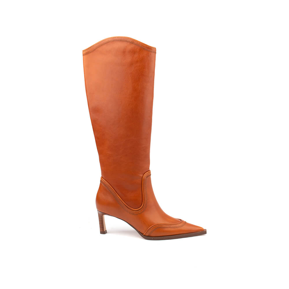 Women's cognac tan western knee-high heeled boots pair