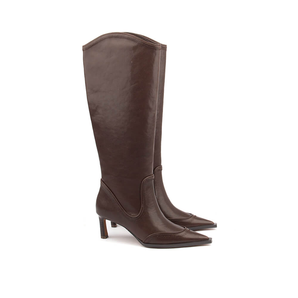 Women's dark chocolate western knee-high heeled boots pair