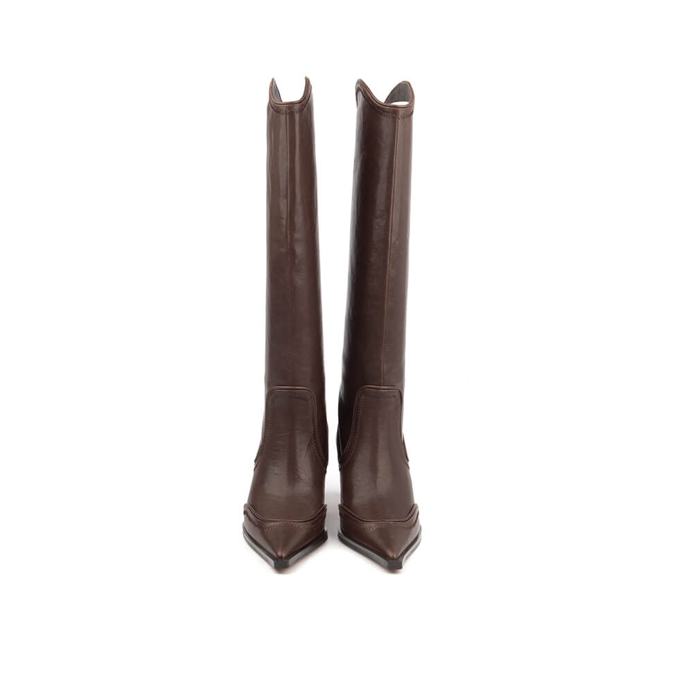Women's espresso brown knee boot stacked heel side view