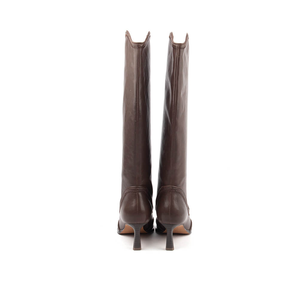 Dark brown leather knee-high western boot women V-cut topline