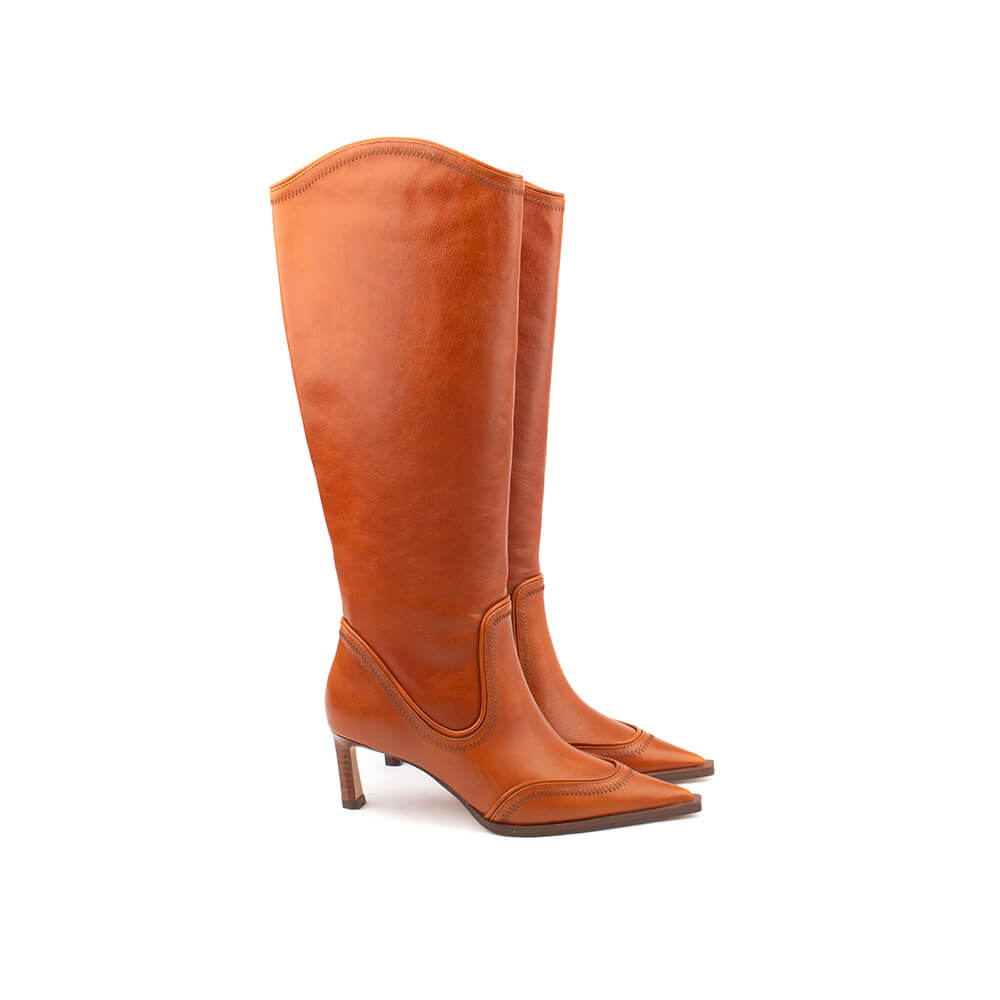 Tan leather pointed toe cowboy-inspired tall boots women