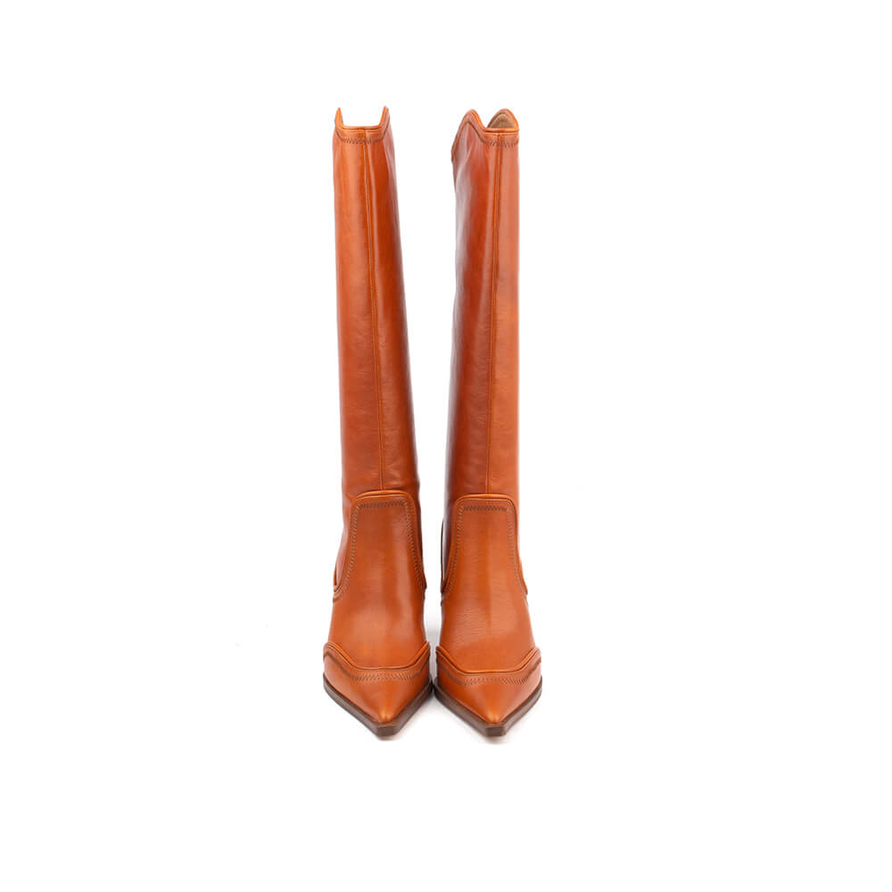 Women's saddle caramel knee boot stacked heel side view