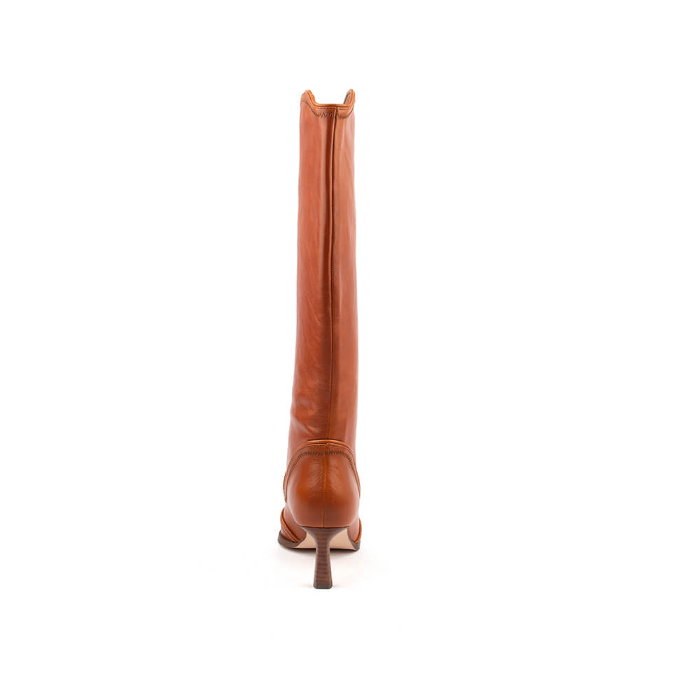 Cognac leather knee-high western boot women V-cut topline