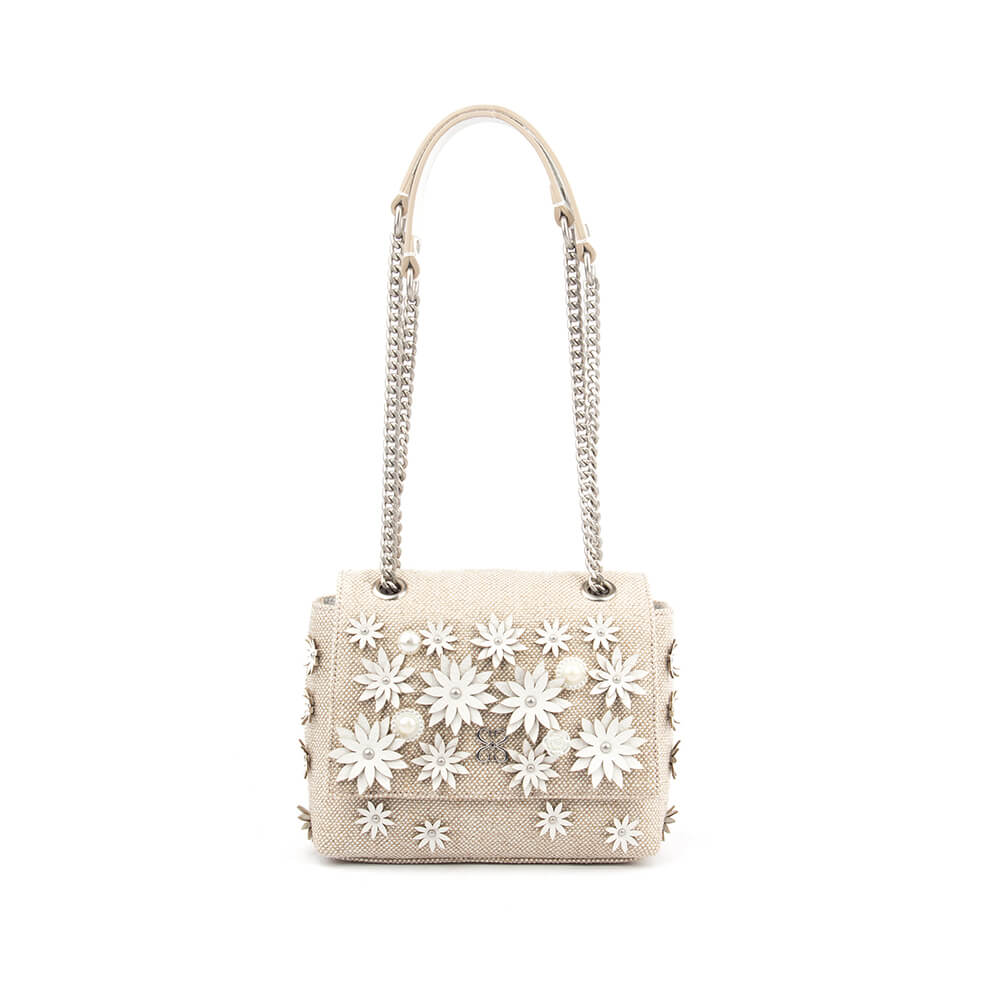 Floral pearl embellished raffia shoulder bag with silver chain strap and flap closure