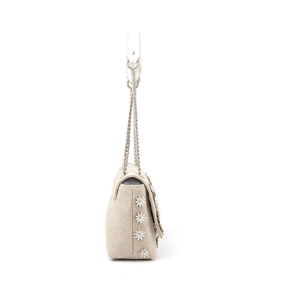 Pearl blossom raffia crossbody bag with handcrafted floral embellishments
