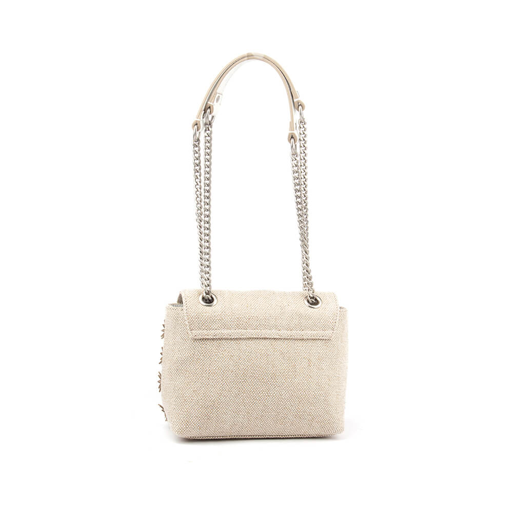 Natural raffia mini shoulder bag with white floral appliqués and chain strap