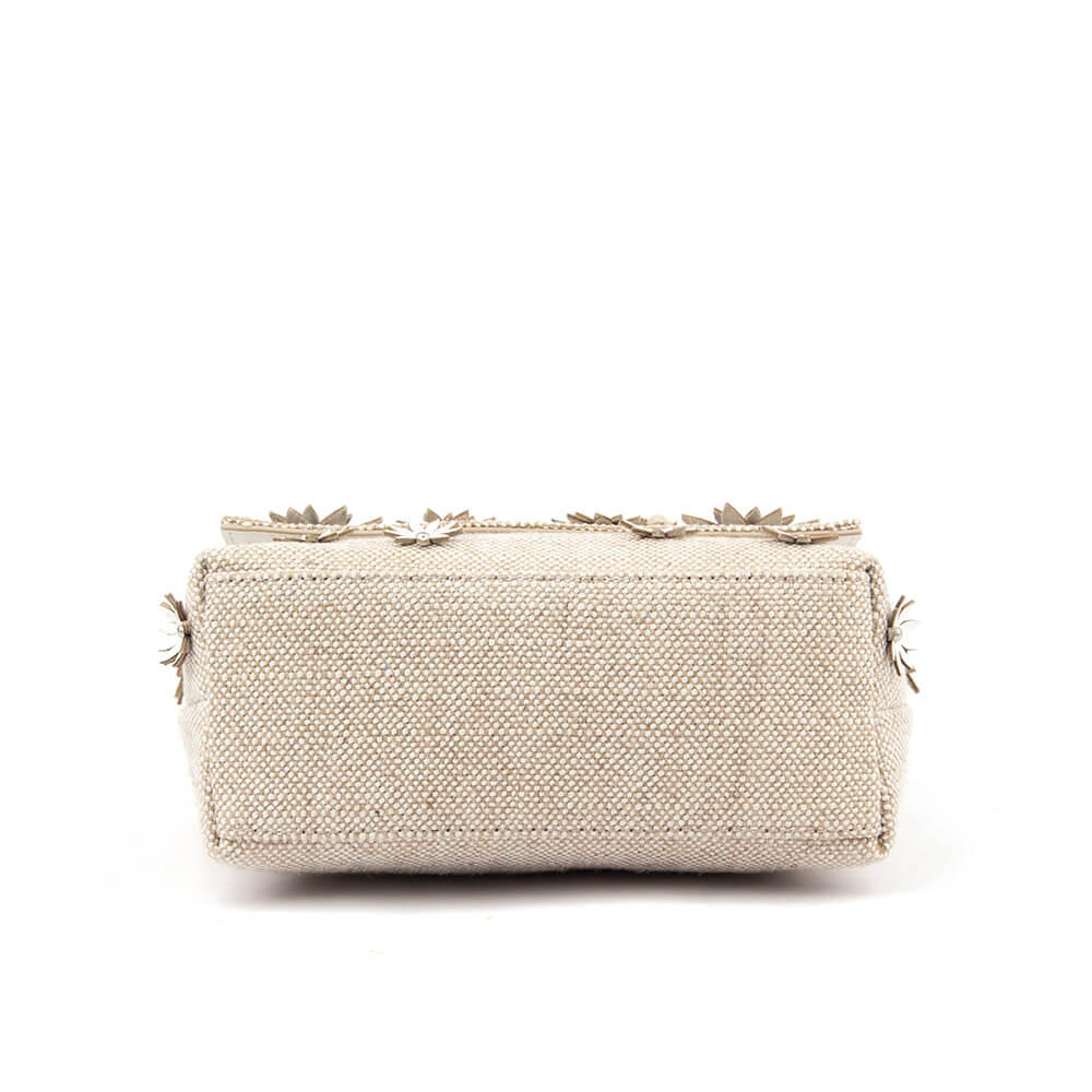 Women's bridal-style flap bag with pearl flowers and silver chain handle