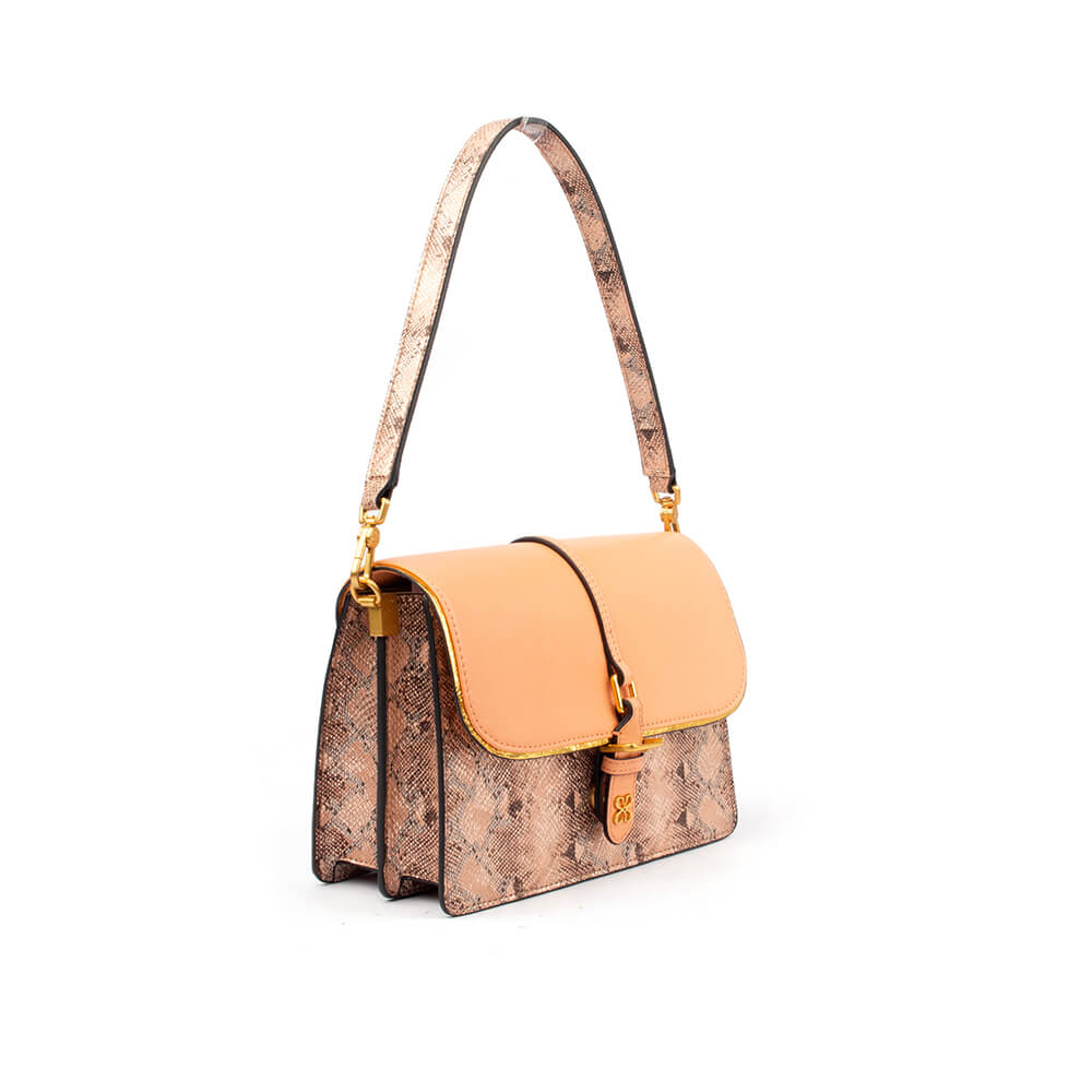 Two-tone snake embossed flap bag — available in blush lime and peach desert