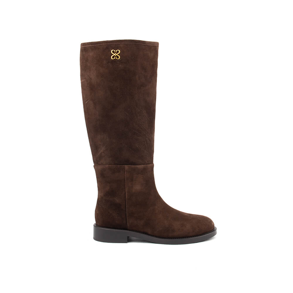 Women's chocolate brown suede knee-high riding boots with gold logo detail