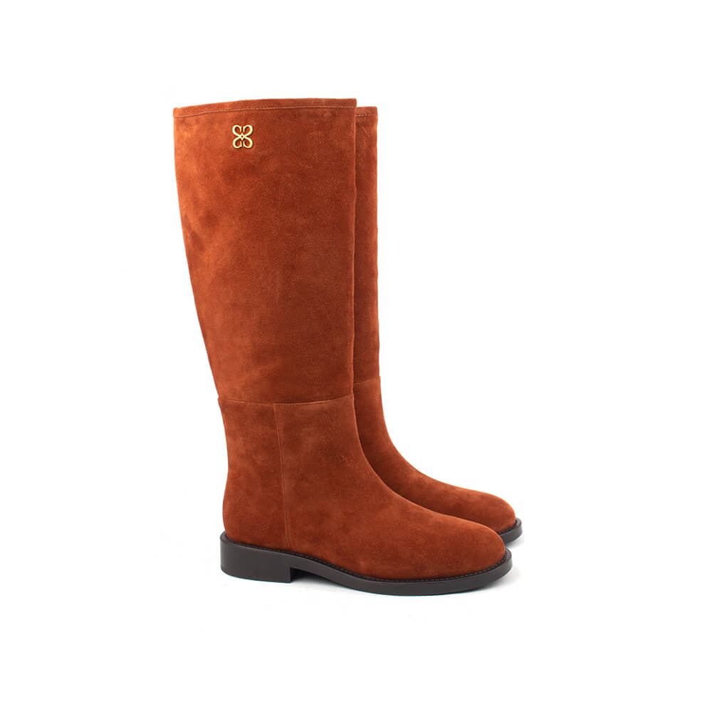 Burnt sienna tall suede boots with gold floral emblem for women