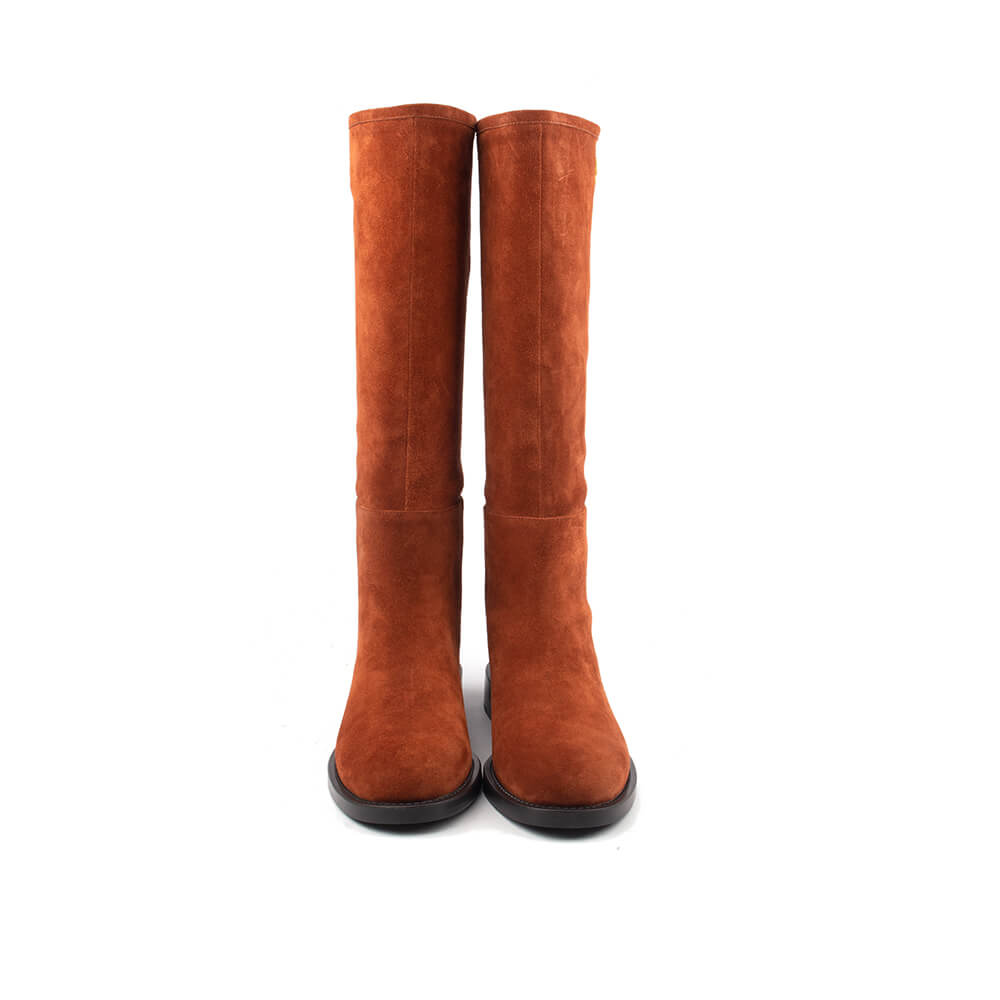 Warm toffee brown knee-high flat boots in premium suede leather