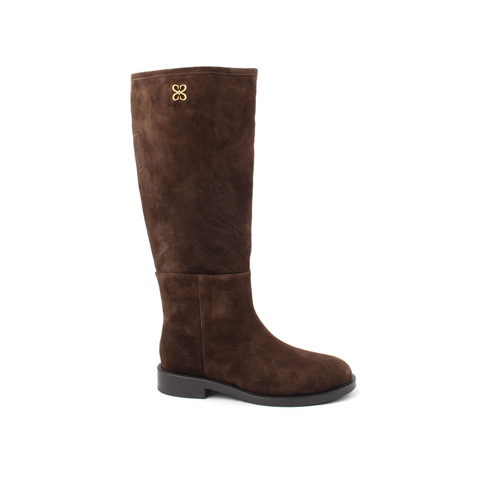 Dark brown flat-heel knee boots in premium suede leather for women