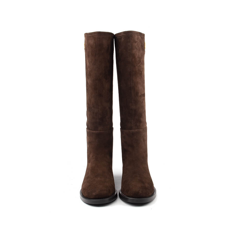Luxury women's pull-on suede boots in deep espresso brown tone