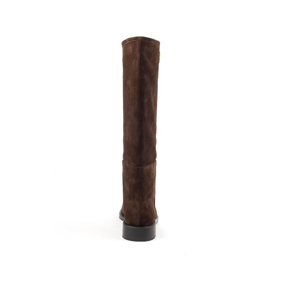 Elegant chocolate suede tall riding boots with smooth round toe