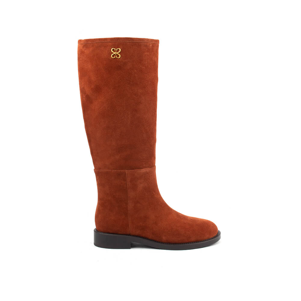 Women's cognac rust suede knee-high riding boots with gold logo