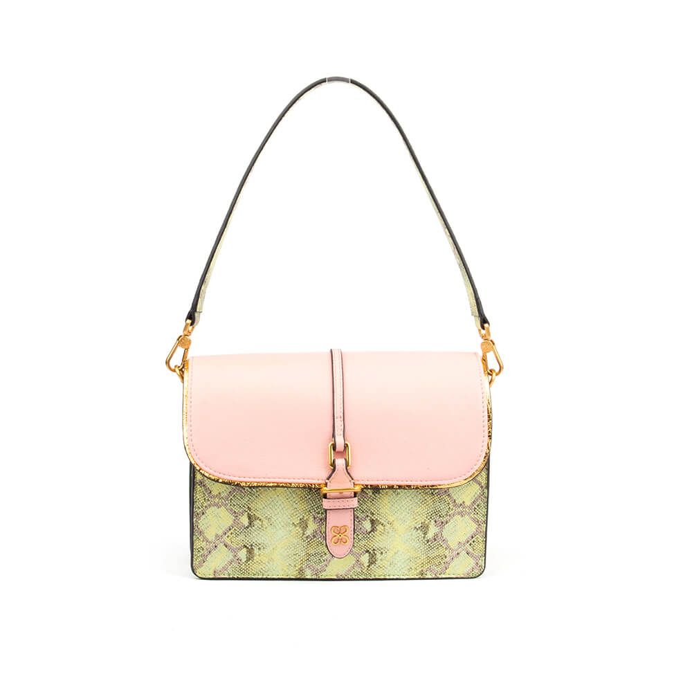 Two-tone snake embossed shoulder bag in blush pink and lime green python print