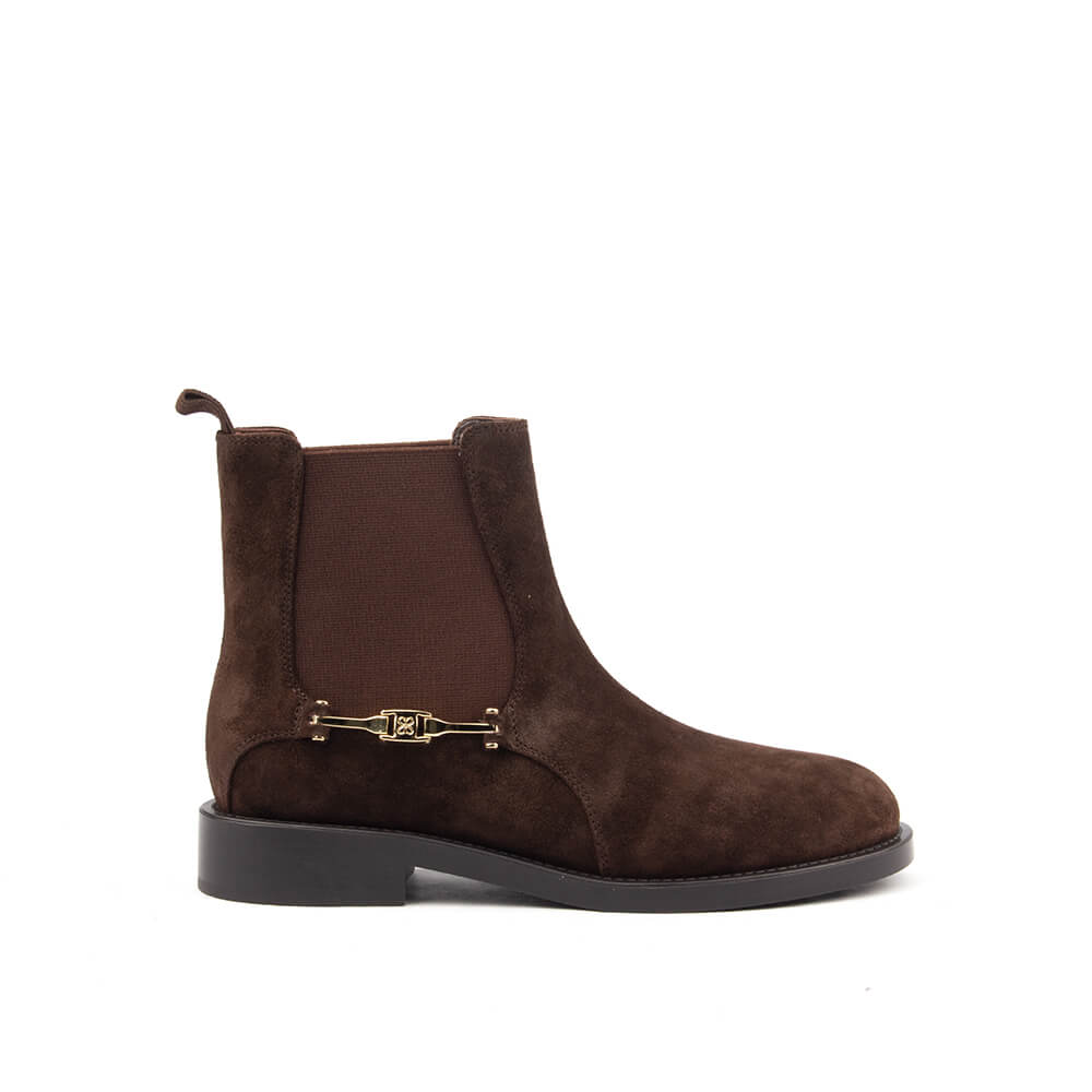 Women's chocolate brown suede Chelsea boots with gold horsebit hardware
