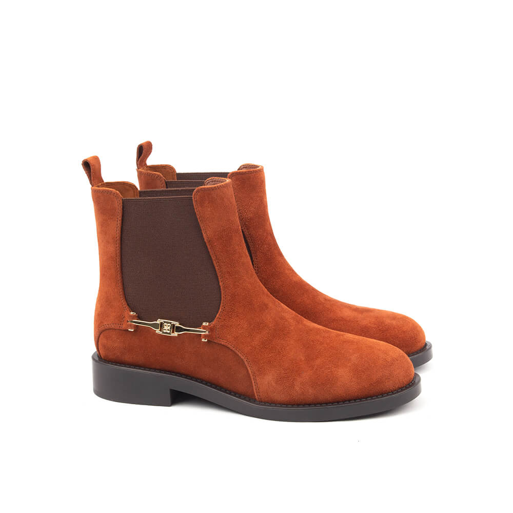 Women's cognac rust suede Chelsea boots with gold horsebit hardware