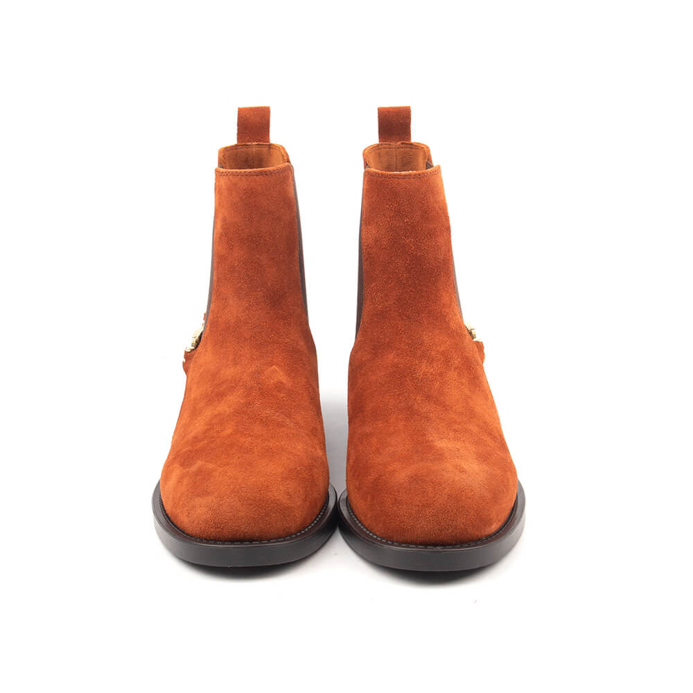 Burnt caramel suede ankle boots with gold bar clasp and elastic panel