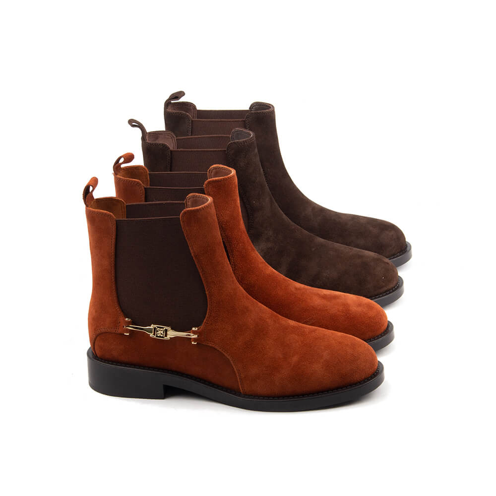 Cognac spice suede Chelsea boots with flat heel and gold horsebit detail