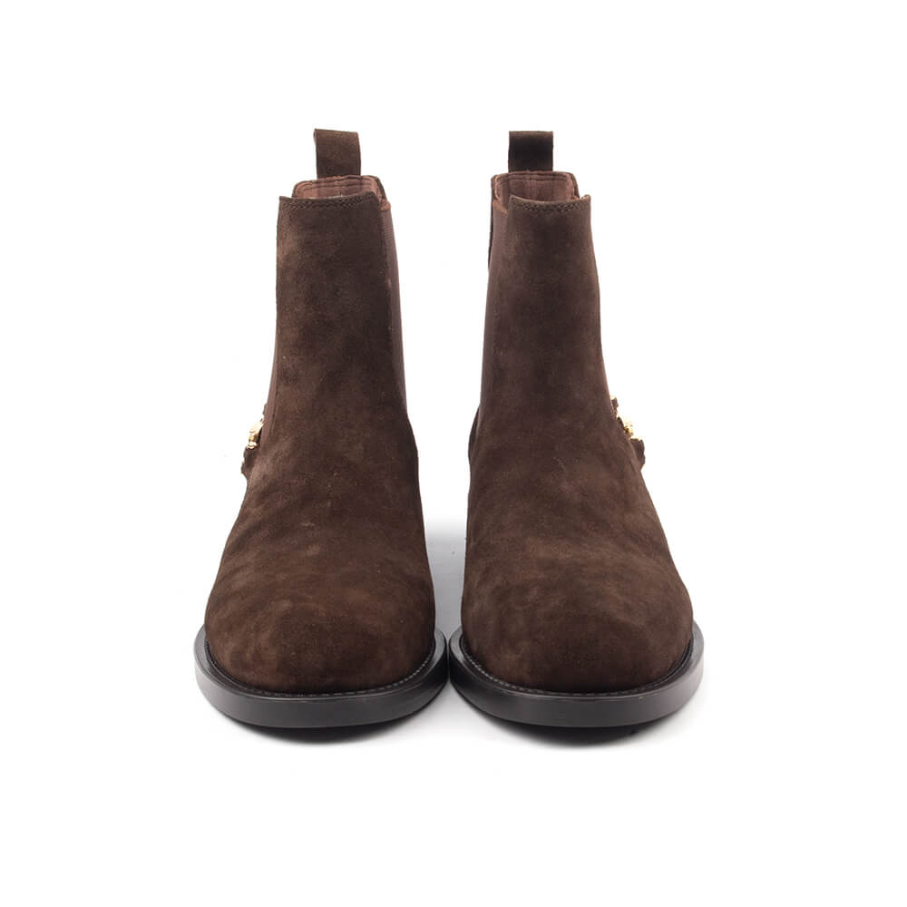 Premium women's Chelsea boots in espresso suede with gold logo hardware