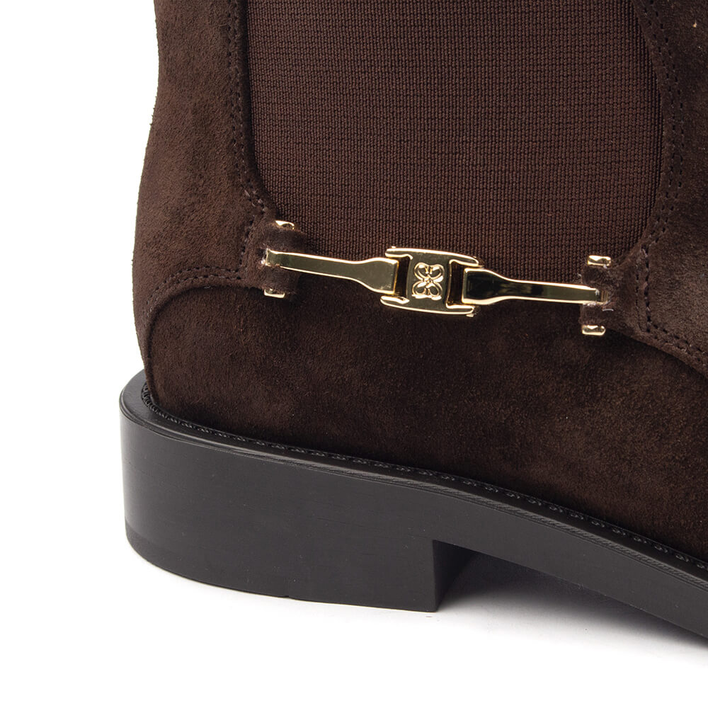 Women's pull-on ankle boots in deep mocha suede with horsebit detail