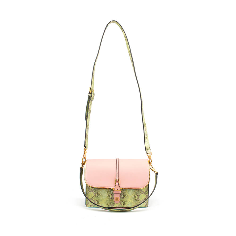 Pink leather flap bag with lime snake embossed body and gold swivel hardware