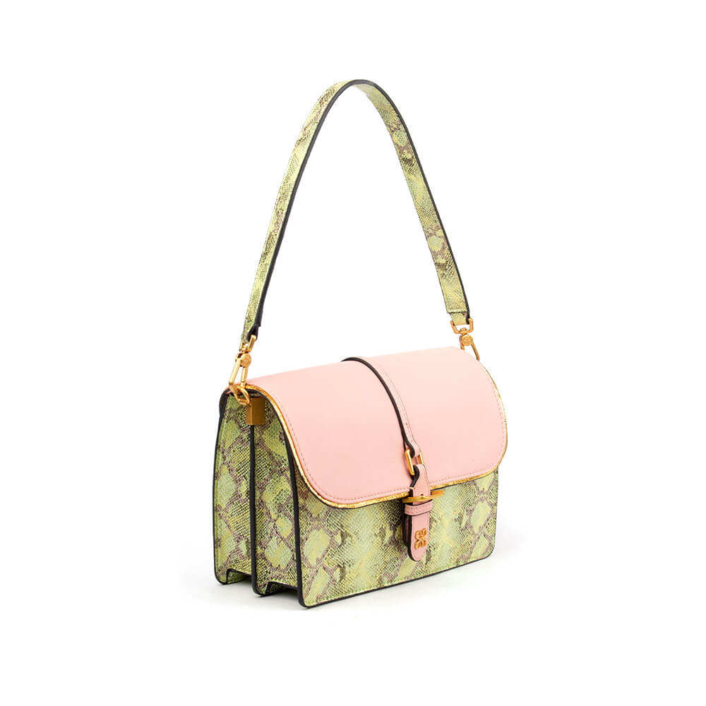 Women's colour-block flap bag with smooth pink leather and snake embossed body