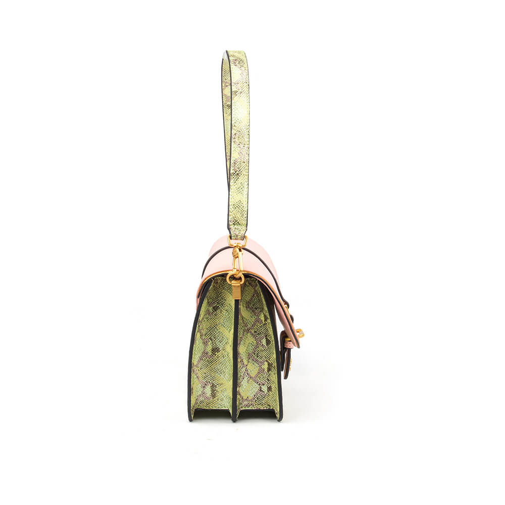 Blush and lime snake leather crossbody bag with tab closure and gold hardware