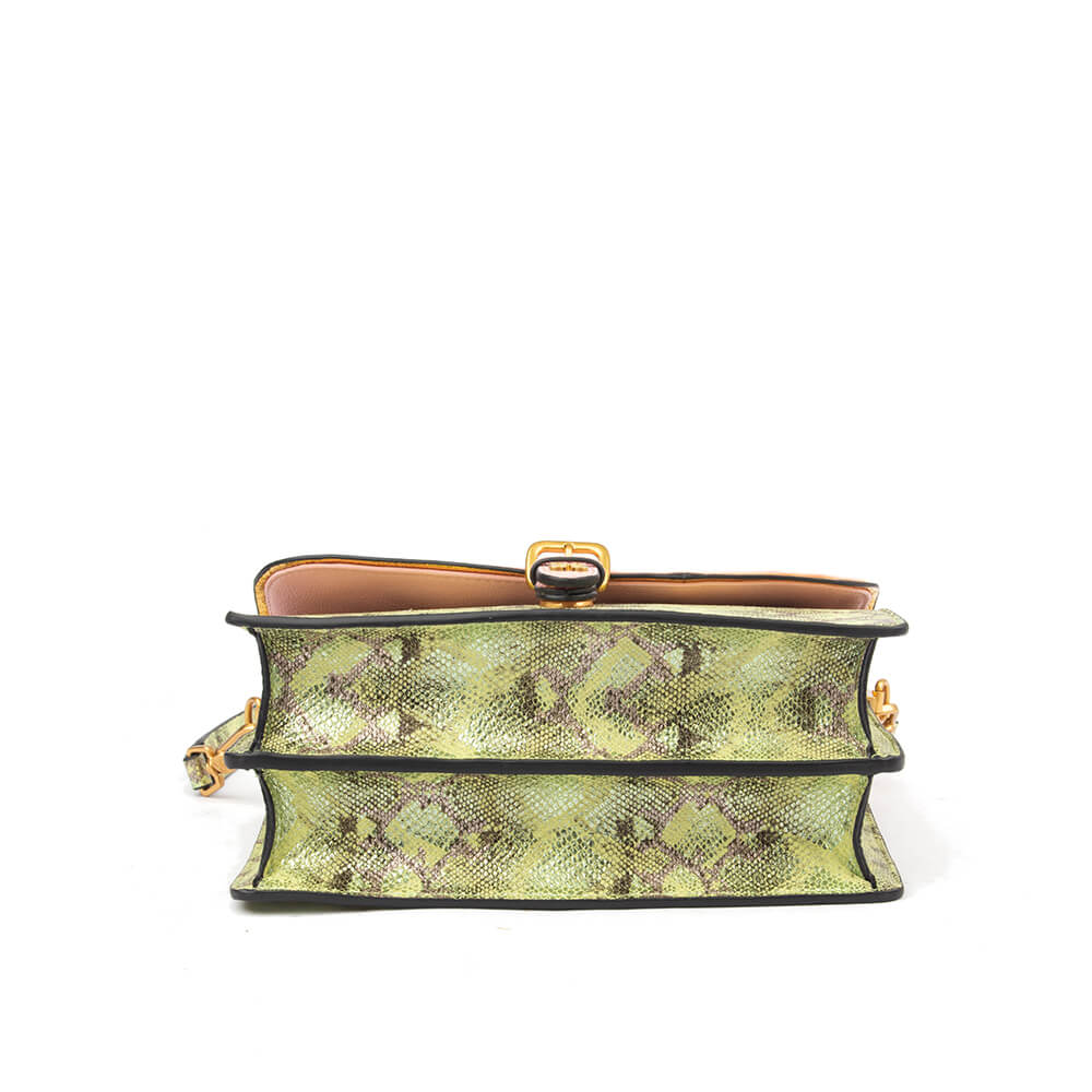 Structured flap shoulder bag with pastel pink top and green python print base
