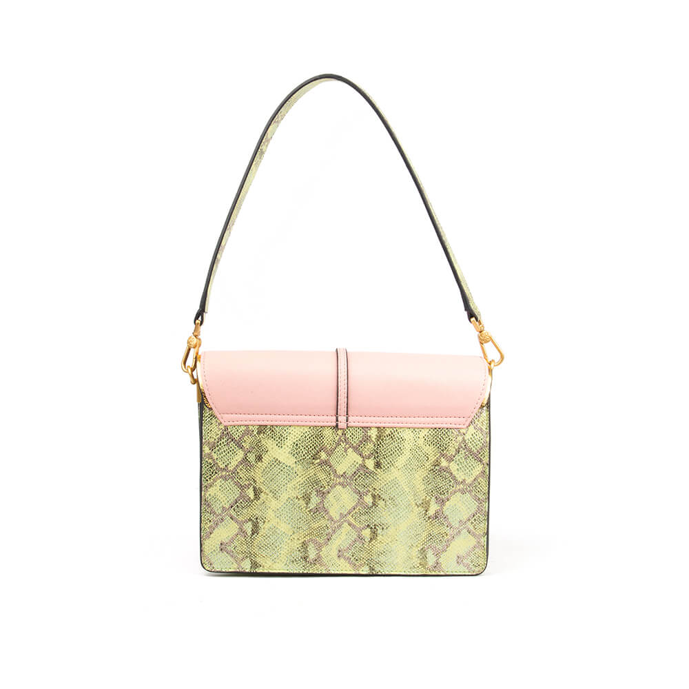 Women's two-tone snake print bag with logo tab closure and adjustable strap