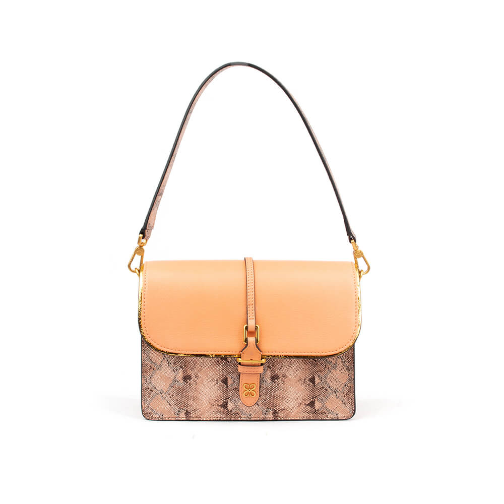 Two-tone leather shoulder bag with python print in warm peach and brown tones