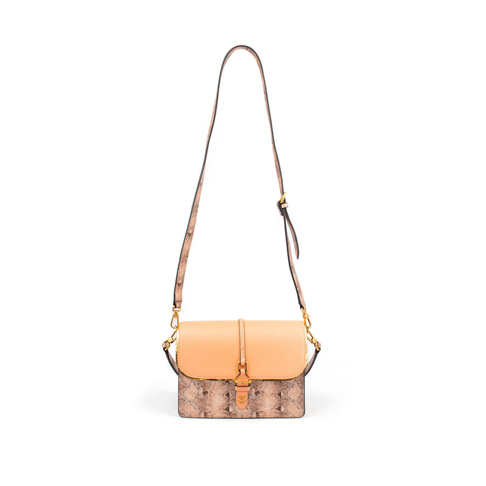 Snake embossed leather bag with smooth flap and tab-loop logo closure