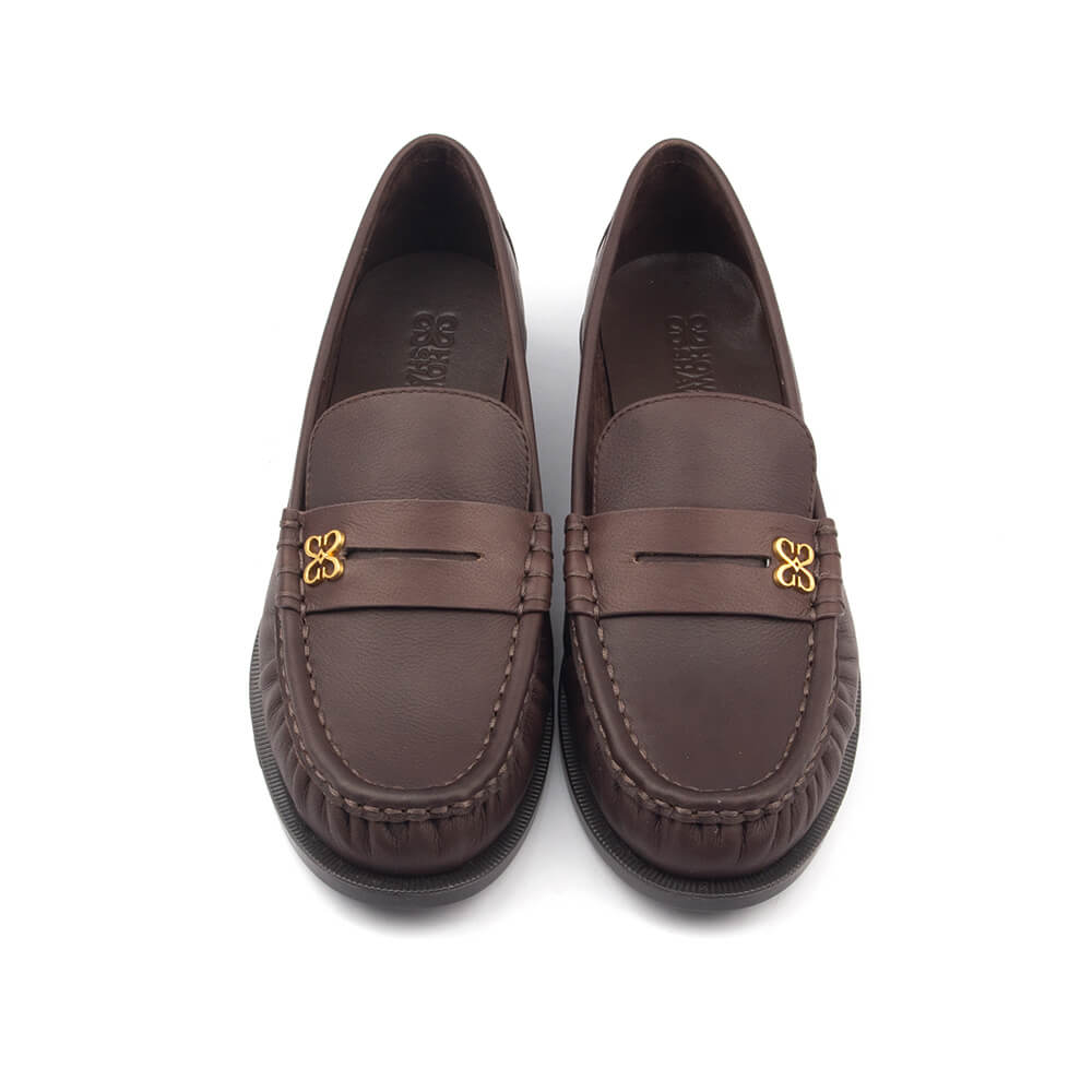Women's espresso leather penny loafers with moccasin toe and gold detail