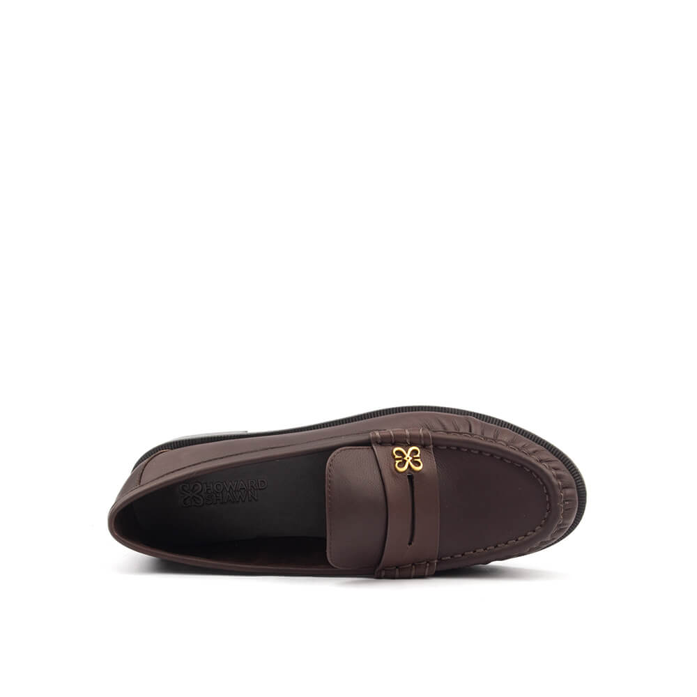 Deep mocha leather loafers with gold brand logo for women flat sole