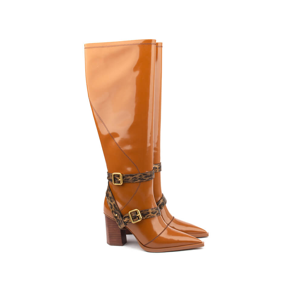 Glossy tan patent knee boots with block heel and leopard-print ankle straps