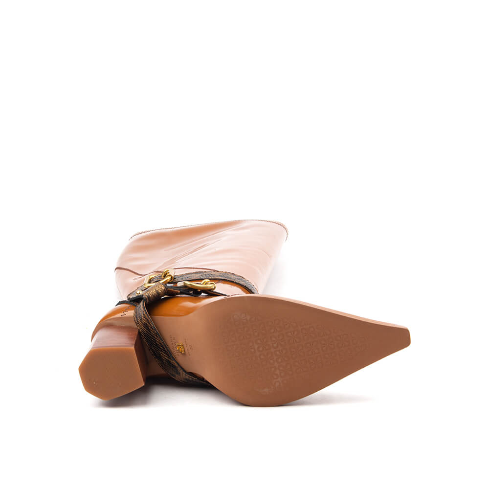 Women's statement knee boots in cognac gloss with wild-print buckle straps