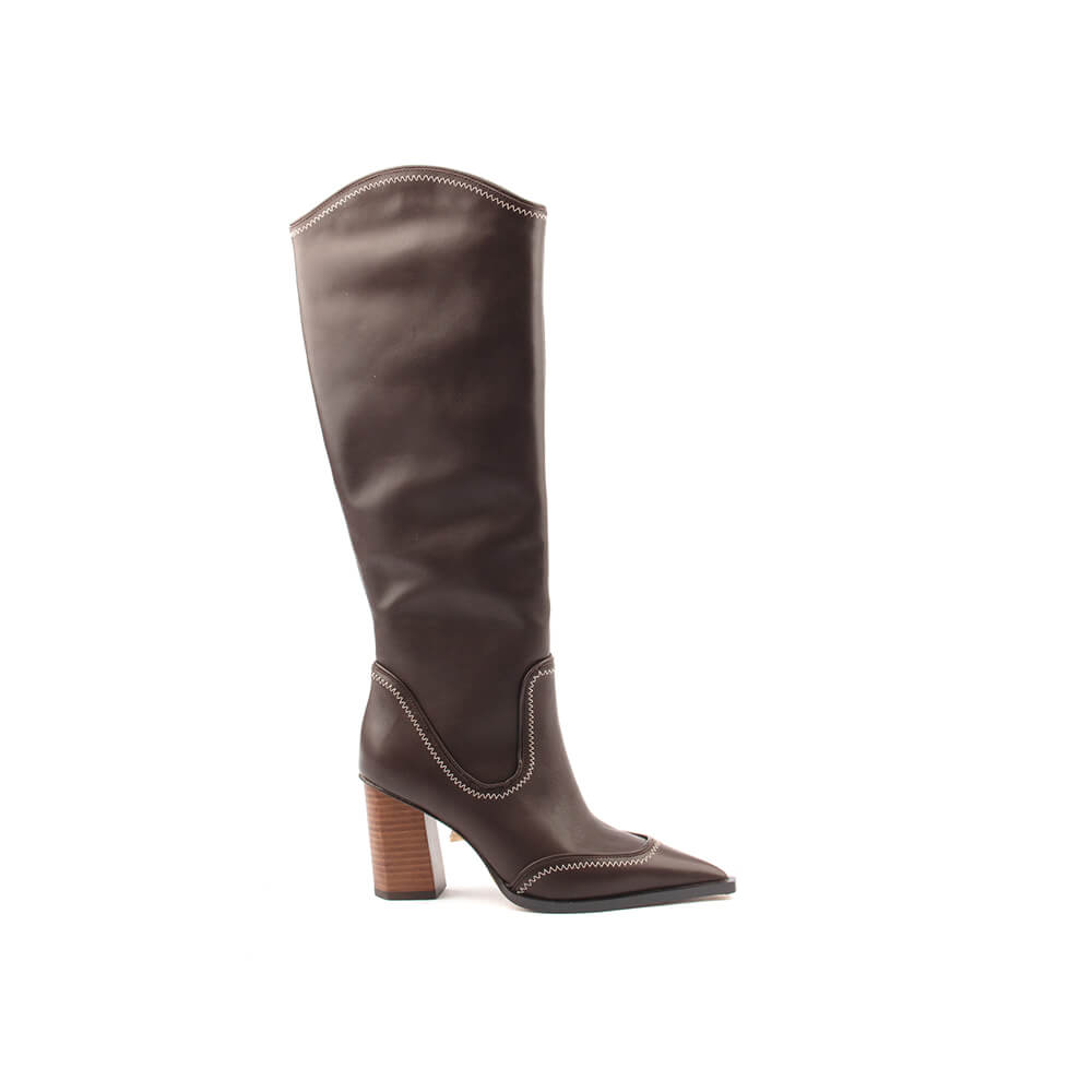 Women's knee-high leather western boots with cream contrast stitching and block heel