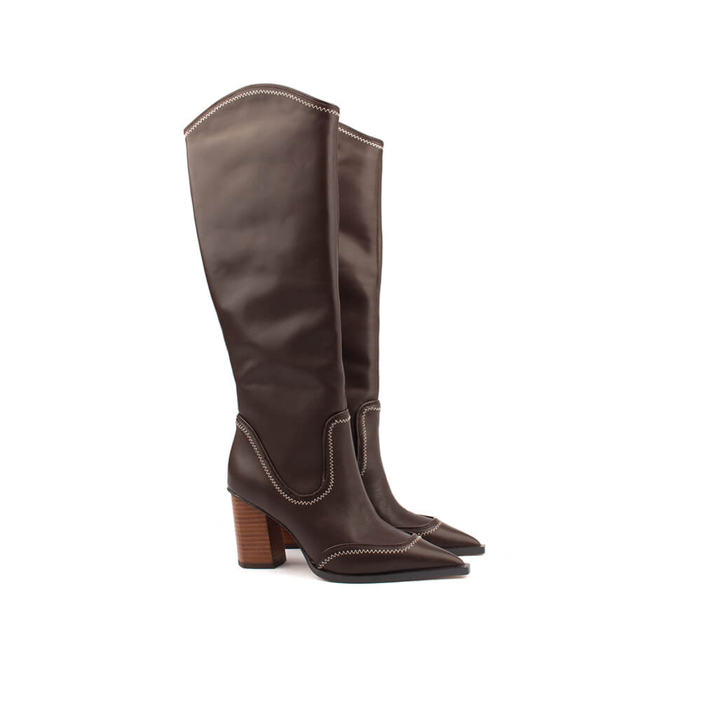 Dark chocolate leather tall boots with contrast topstitch and pointed toe women