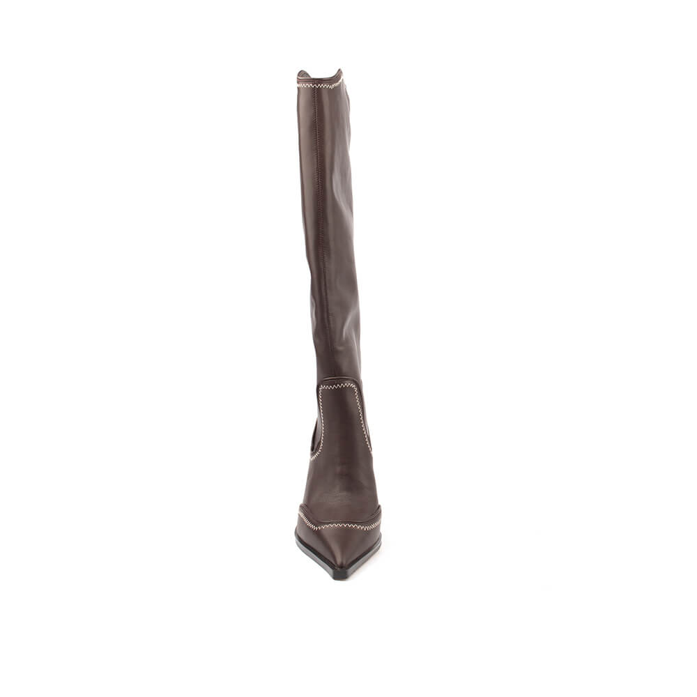 Women's cowboy-inspired knee boots in deep brown leather with ivory stitching