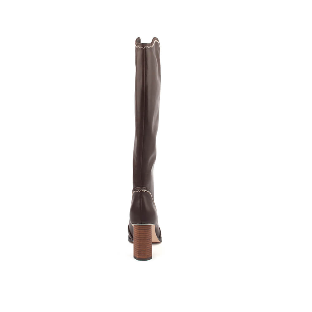 Leather knee-high boots with stacked wooden block heel and cream stitch detail