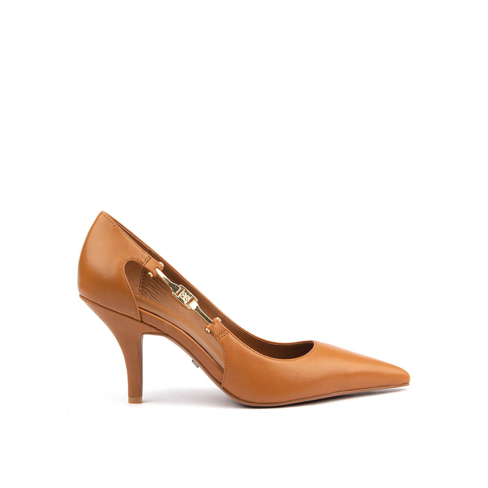Women's camel tan leather pointed-toe stiletto pumps with gold hardware strap